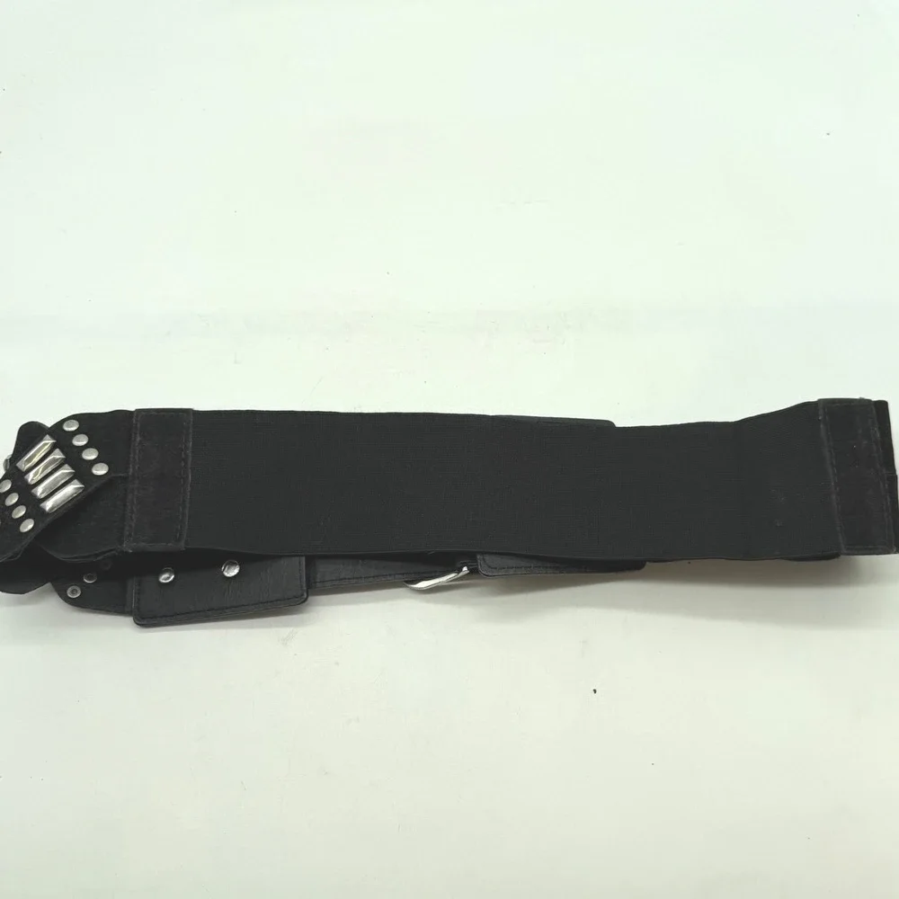Le Chateau Black Studded Elastic Cinch Belt Double Buckle M Y2K goth moto biker‎